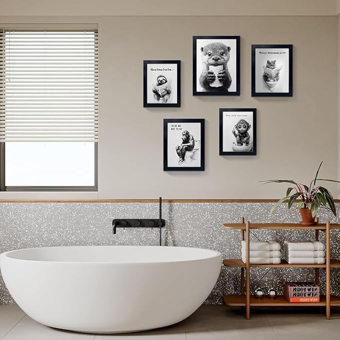 Bathroom Picture Wall Decor, Framed Black and White Bathroom Wall Art,Toilet Paper, Hilarious, Funny Bathroom Animal Art Black and White Canvas Print Painting can be Hung Directly Frame