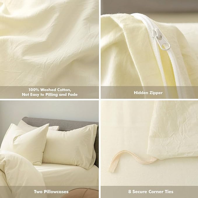 FOSSA Duvet Cover Set 100% Washed Cotton Linen Feel Super Soft Breathable Cozy 3 Pieces Bedding Sets Solid Cream White King