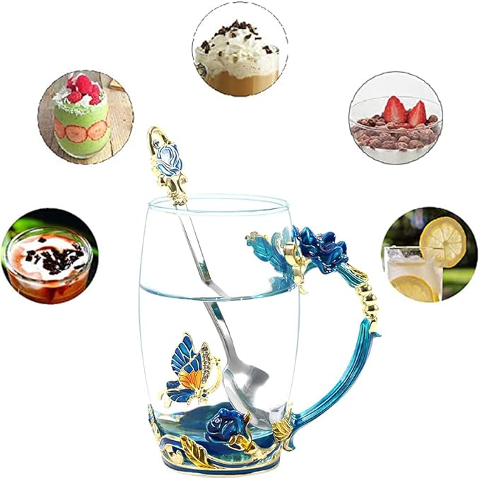 Birthday Gifts For Women,Butterfly Flower Glass Tea Cup Sky Blue Rose Coffee Mug For Women Mom Wife Sister Coworker Female Friend on Anniversary Christmas Mothers day Presents