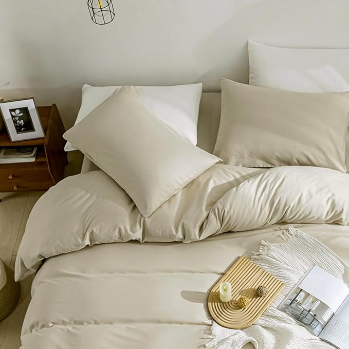 JELLYMONI Cotton Duvet Cover Twin Size - 100% Washed Cotton Linen Feel Textured Comforter Cover, 2 Pieces Breathable Soft Bedding Set with Zipper Closure (Light Khaki, Twin 68"x90")