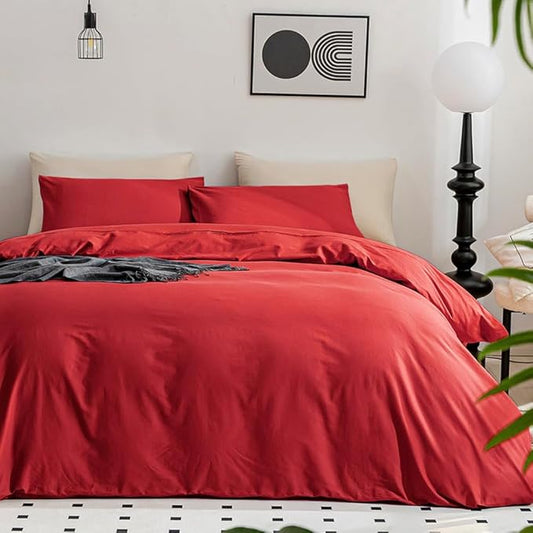 JELLYMONI Red Duvet Cover King Size - 100% Washed Cotton Linen Like Textured Comforter Cover, 3 Pieces Breathable Soft Bedding Set with Zipper Closure (Red, King 104"x90")
