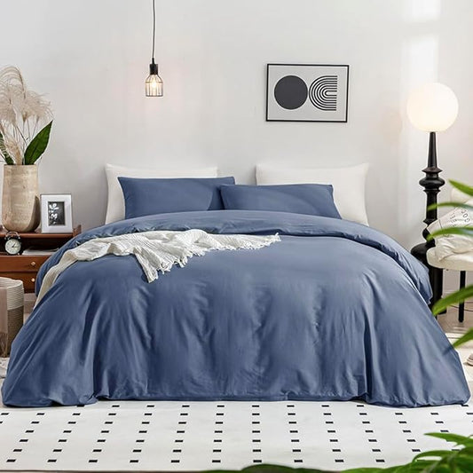 JELLYMONI Cotton Duvet Cover California King - 100% Washed Cotton Linen Like Textured Comforter Cover, 3 Pieces Soft Bedding Set with Zipper Closure (Blue, Cal King 104"x98")