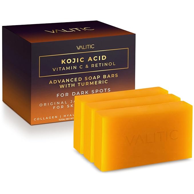 VALITIC Kojic Acid Vitamin C and Retinol Soap Bars with Turmeric for Dark Spot - Original Japanese Complex Infused with Collagen, Hyaluronic Acid, and Vitamin E (3 Pack)