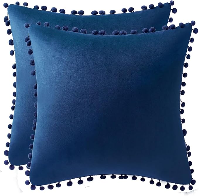 DEZENE 18x18 Throw Pillow Covers Dark-Blue: 2 Pack Cozy Soft Pom-poms Velvet Square Decorative Pillow Cases for Farmhouse Home Decor