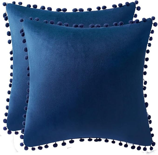 DEZENE 20x20 Throw Pillow Covers Dark-Blue: 2 Pack Cozy Soft Pom-poms Velvet Square Decorative Pillow Cases for Farmhouse Home Decor