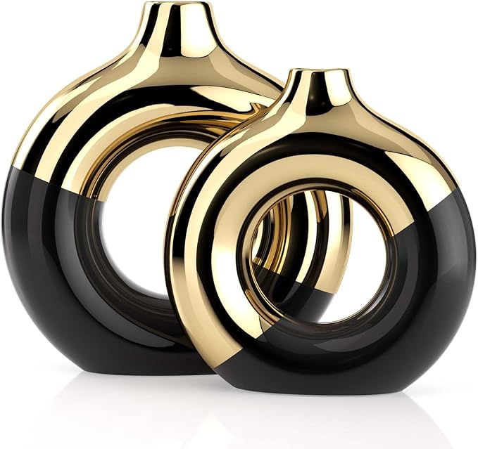 Black and Gold Ceramic Vase Set of 2,Round Donut Hollow Flower Vases for Home Decor Accents,Modern Minimalist Centerpiece Table Decorations,Wedding,Living Room,Bookshelf,Office,Entryway