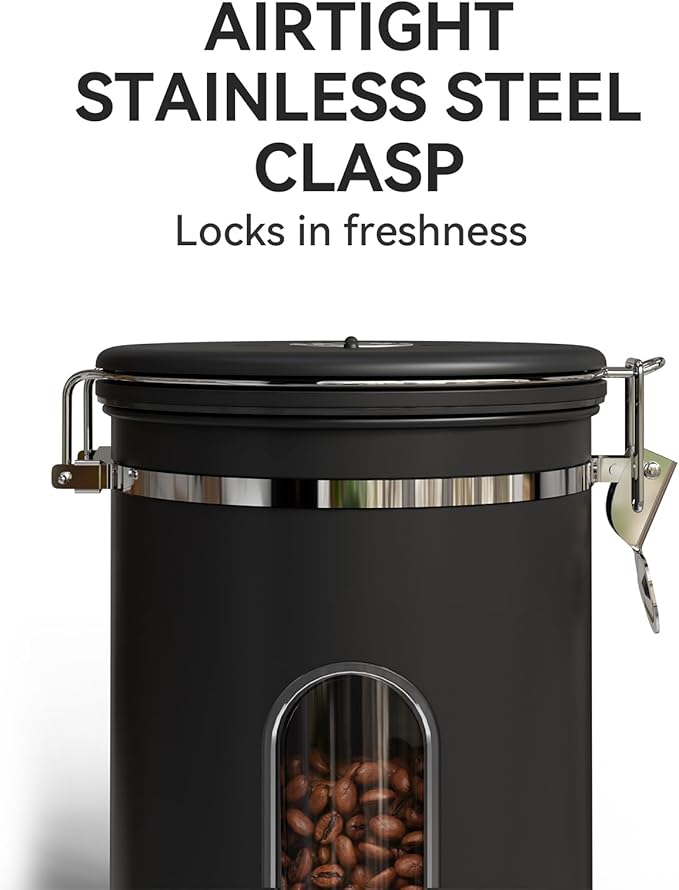 Veken Coffee Canister with Window,Airtight Stainless Steel Container,Home Kitchen Food Storage Organizers for Grounds,Beans,Espresso,Rice,Tea,Sugar,Cereal, Flour,Scoop,Bar Accessories,Gifts,22OZ,Black