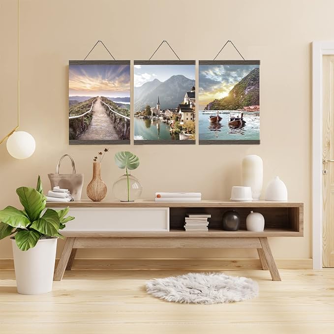 3 Pack Magnetic Poster Hanger Brown, 12x18 12x16 12x24 Poster Frame Wood Wooden Magnet Print Posters Dowel Scroll Hanger Hangers Hanging Kit for Walls Map Canvas Artwork