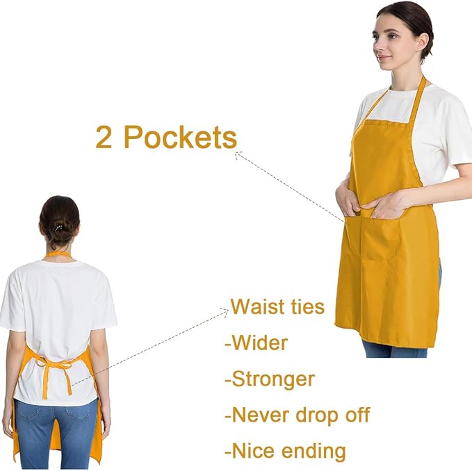 Total 6PCS Yellow Apron for Adult Women Unisex Durable Comfortable with 2 Front Pocket Washable Plain Color Bib Chef Apron for Cooking Baking Kitchen Restaurant Crafting Painting Party
