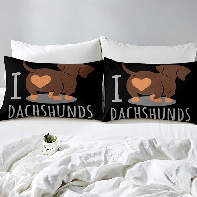 Feelyou King Size Dachshund Sausage Duvet Cover Set 3Pcs Black Cartoon Microfiber Nedding Set Zipper Closure All Seasons
