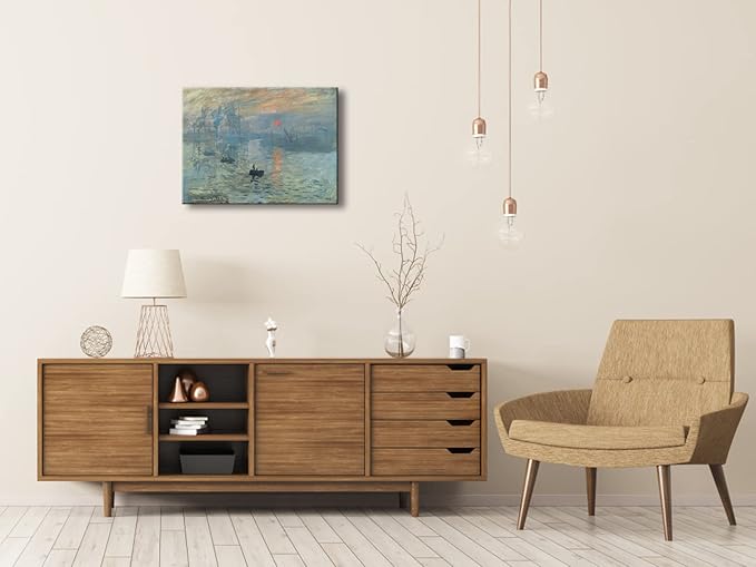 Wieco Art Impression Sunrise Canvas Prints Wall Art of Claude Monet Famous Oil Paintings Reproduction Seascape Ocean Sea Beach Pictures for Home Decorations Modern Stretched and Framed Giclee