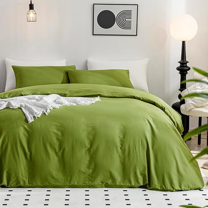 JELLYMONI Bedding Duvet Cover California King - 100% Washed Cotton Linen Like Textured Comforter Cover, 3 Pieces Soft Cooling Bedding Set with Zipper Closure (Avocado Green, Calking 104"x98")