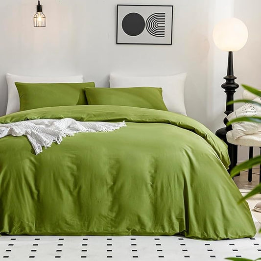 JELLYMONI Bedding Duvet Cover California King - 100% Washed Cotton Linen Like Textured Comforter Cover, 3 Pieces Soft Cooling Bedding Set with Zipper Closure (Avocado Green, Calking 104"x98")