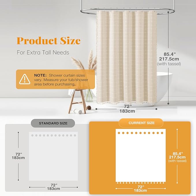 BTTN Extra Long Shower Curtain, 72x84 Inch Long Boho Tassel Linen Fabric Shower Curtain Set with Plastic Hooks, Tall Modern Farmhouse French Country Chic Cloth Shower Curtain for Bathroom, Cream/Beige
