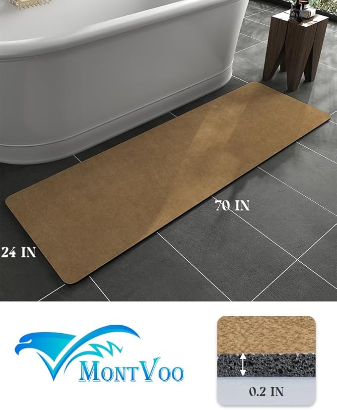 MontVoo -Bath Mat Rug-Rubber Backing Non Slip Quick Dry Absorbent Thin Bathroom Rugs Fit Under Door-Faux Suede Surface Bathroom Floor Mats-Shower Rug for in Front of Bathtub Shower Camel 24"X70"
