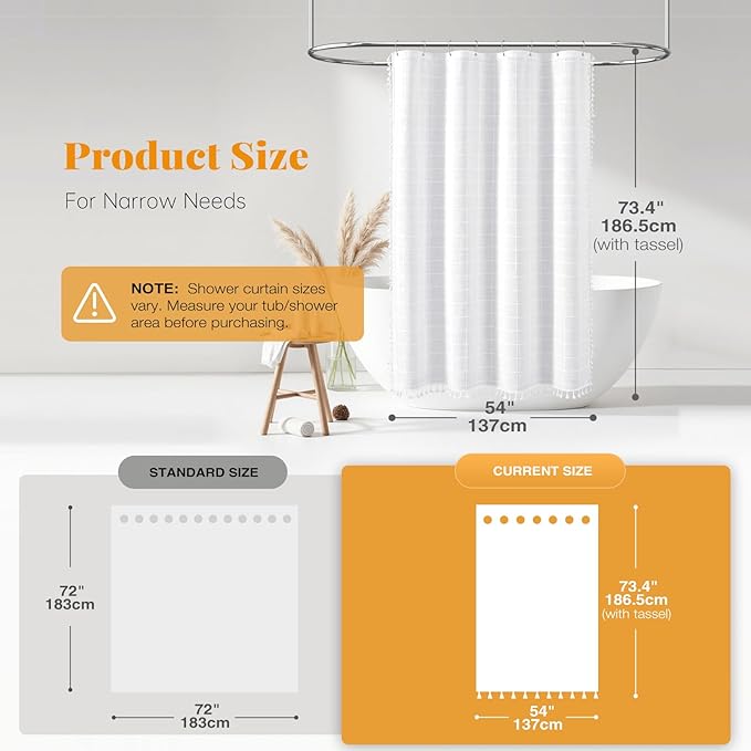 BTTN Stall Fabric Shower Curtain - 54x72 Inches Boho Linen Heavy Duty Tassel Shower Curtain Set with 10 Hooks, Narrow Rustic Modern Farmhouse Neutral Thick Cloth Shower Curtains for Bathroom - White