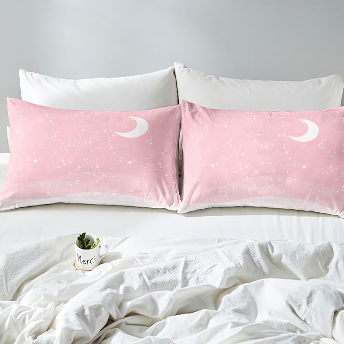 Pink Gradient Duvet Cover Constellation Bedding Set Starry Sky Galaxy Comforter Cover for Boys Girls Kids Room Decor Cute Girly Lightweight Bedspread Cover Twin Size with 1 Pillow Case(No Comforter)