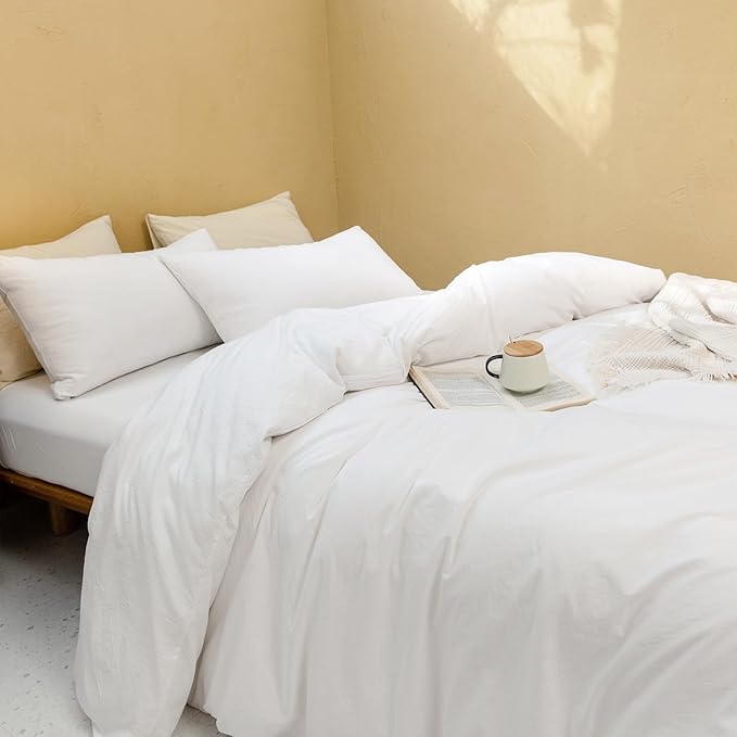FOSSA White Duvet Cover Set, 100% Washed Cotton Linen Feel Super Soft Breathable Cozy 3 Pieces Bedding Sets Solid Off White Queen