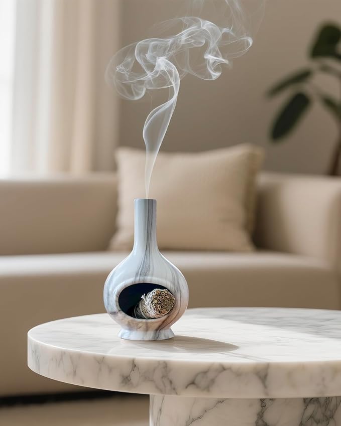 Handmade Ceramic Incense Holder，Stick & Backflow - Sage Holder for Burning ，Meditation Accessories，Easily Grab All Incense Ash (Marble)