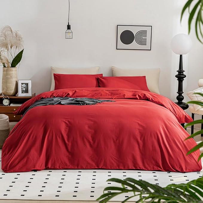 JELLYMONI Red Duvet Cover Queen Size - 100% Washed Cotton Linen Like Textured Comforter Cover, 3 Pieces Breathable Soft Bedding Set with Zipper Closure (Red, Queen 90"x90")