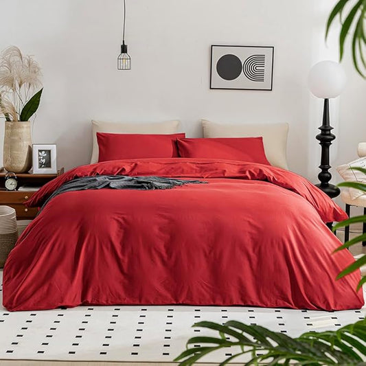 JELLYMONI Red Duvet Cover Queen Size - 100% Washed Cotton Linen Like Textured Comforter Cover, 3 Pieces Breathable Soft Bedding Set with Zipper Closure (Red, Queen 90"x90")