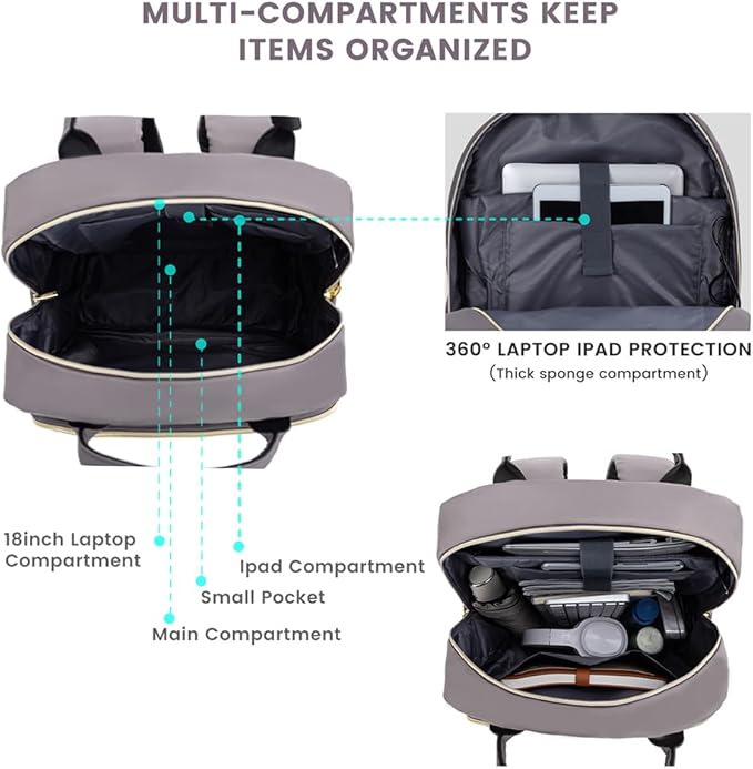 LOVEVOOK Laptop Backpack for Women, Water Resistant Travel Work Backpacks Purse Stylish Business Teacher Nurse Computer Bag with USB Charging Port,Purple Gray