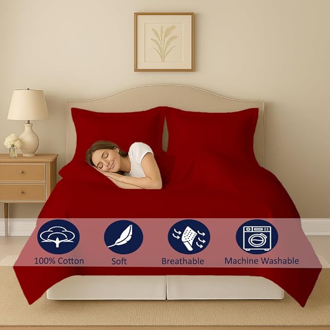 eBeddy Linens Duvet Cover Set Queen Size 90x90 Inch 100% Cotton Soft and Breathable 3 Pieces (1 Duvet Cover & 2 Pillow Shams) Premium Bedding Collection Zipper Closure & Corner Ties, Burgundy Solid
