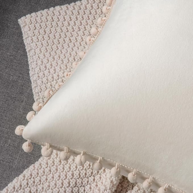 DEZENE Couch Pillow Covers 16x16 Beige: 2 Pack Cozy Soft Pom-poms Velvet Square Throw Pillow Cases for Farmhouse Home Decor