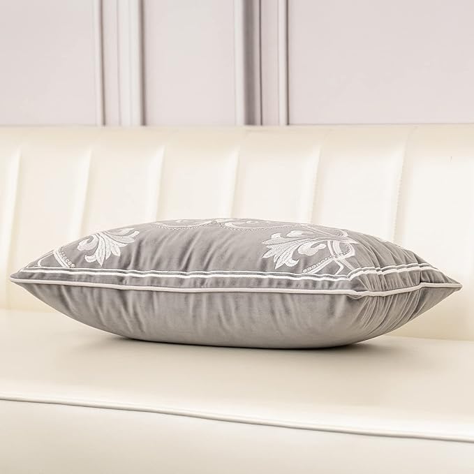 Aeckself 12 x 20 Inch European Cushion Cover Luxury Velvet Home Decorative Embroidery Floral Rectangle Throw Pillow Case Pillowcase for Couch Bed Living Room, Grey and White