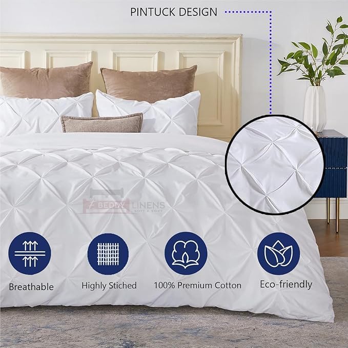 eBeddy Linens White Pinch Pleated Pintuck Duvet Cover Set Super King Plus 120X120 Inch 100% Cotton Soft and Breathable 3 Pieces Premium Comforter Cover Zipper Closure & Corner Ties