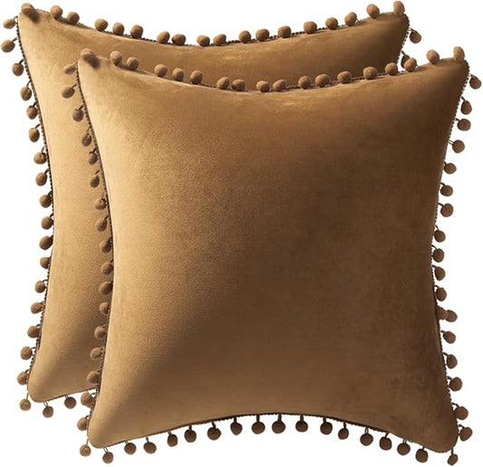 DEZENE Throw Pillow Cases 18x18 Golden Brown: 2 Pack Cozy Soft Pom-poms Velvet Square Decorative Pillow Covers for Farmhouse Home Decor