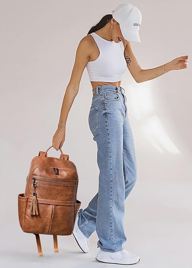 Leather Laptop Backpack for Women, 15.6" Causal Daypack Backpacks Purse Computer Backpack with Laptop Compartment for Travel Work College Business, Brown