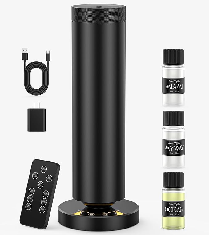 Waterless Diffuser with 90ML Essential Oils, Aromatherapy Diffuser Covers 1000 Sq Ft, Diffusers for Home Hotel, Adjustable Mist & Timer, Scent Diffuser Starter Kit with Night Light, Black