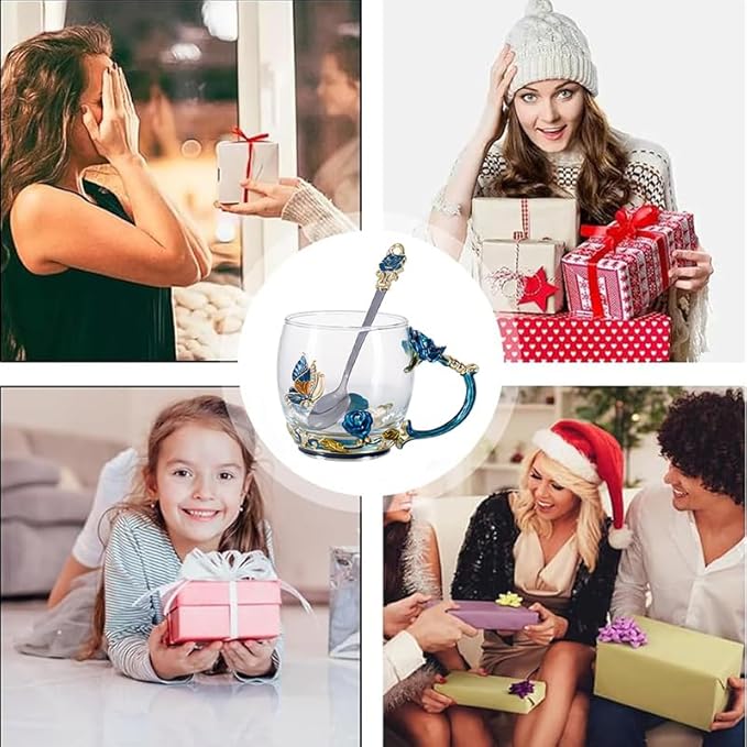 Tea Cup Gifts for Mom Birthday Gift for Women,Glass Coffee Enamels Mug Butterfly Sky Blue Flower Cup Unique Valentines Mothers Day Christmas gifts For Women Mom Wife Sister Coworker Female Friend