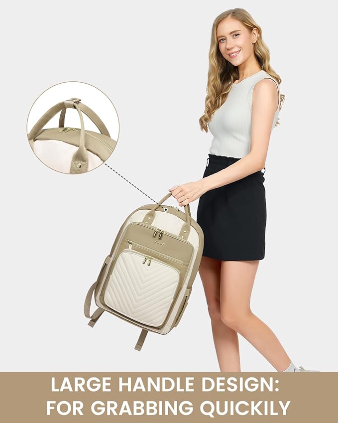 LOVEVOOK 15.6 Inch Laptop Backpack for Women,Large Capacity Work Backpack Purse for Women,Waterproof Travel Day Pack for Teacher Nurse,Khaki-Beige