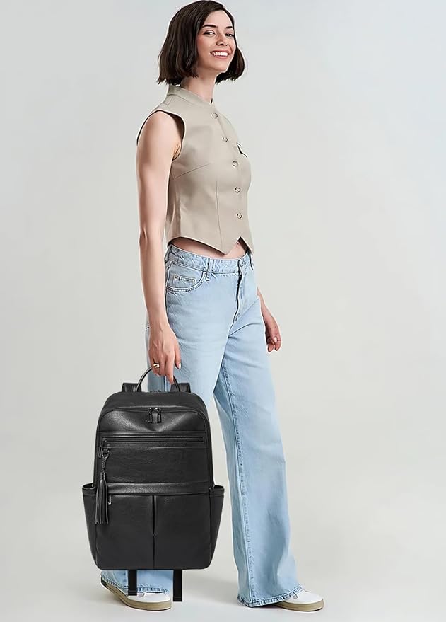 Leather Laptop Backpack for Women, 15.6" Causal Daypack Backpacks Purse Computer Backpack with Laptop Compartment for Travel Work College Business, Black