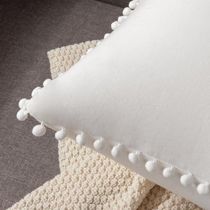DEZENE Decorative Pillow Cases 18x18 Cream White: 2 Pack Cozy Soft Pom-poms Velvet Square Throw Pillow Covers for Farmhouse Home Decor