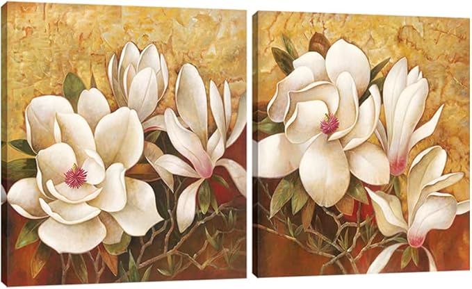 Pyradecor Magnolia Flowers Modern 2 Piece Stretched Floral Canvas Prints Oil Paintings Artwork Style Brown Pictures on Canvas Wall art for Living Room Bedroom Home Decorations