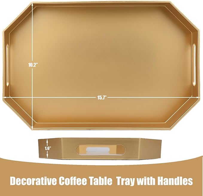 Gold Decorative Tray with Handles, Versatile Serving Tray for Coffee Table, Ottoman, Ideal for Serving, Displaying, Organizing, 15.7"*10.2"*1.57"