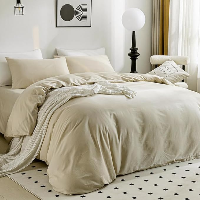 JELLYMONI Cotton Duvet Cover Full Size - 100% Washed Cotton Linen Like Textured Comforter Cover, 3 Pieces Lightweight Soft Bedding Set with Zipper Closure (Light Khaki, Full 80"x90")