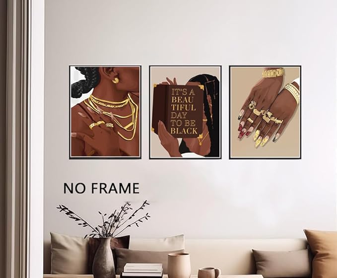Marllifenney 3 Pcs Black Woman Wall Art Black Girl Posters Abstract African American Canvas Prints Black Women Painting Decor Modern Boho Female Pictures for Bedroom Living Room 12x16in Unframed