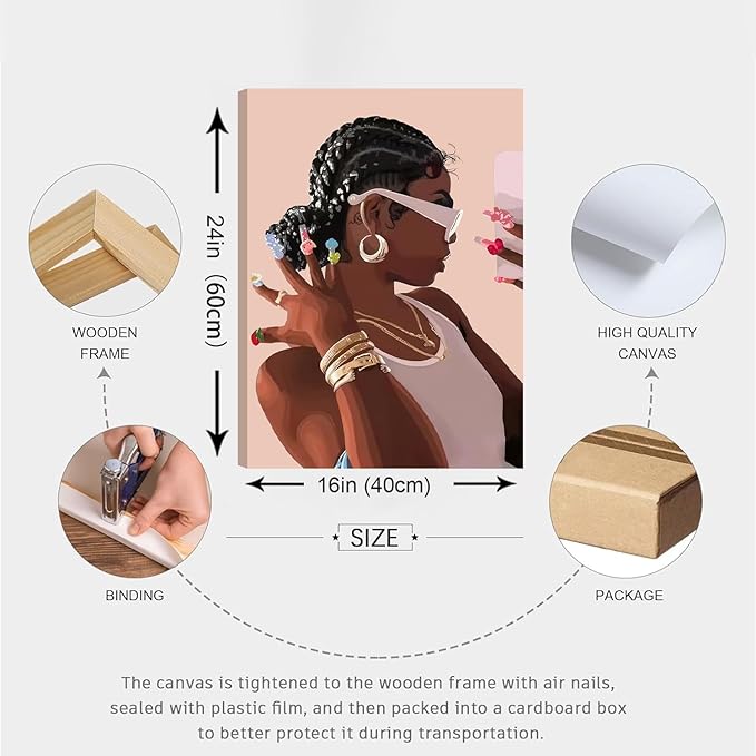 ANVOTIG Framed African American Black Girl Canvas Wall Art Set of 3 Fashion Black Women Wall Decor Pictures Hip Hop Sunglasses Jewelry Posters Prints Paintings for Home Living Room Bedroom16x24in