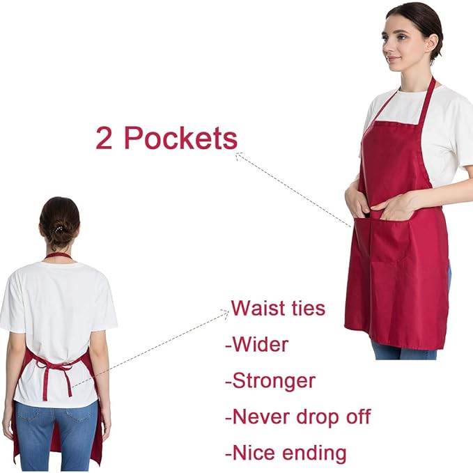 Total 6PCS Deep Red Bib Apron for Women Adult Unisex Durable Comfortable with 2 Front Pockets Washable Chef Aprons for Cooking Baking Kitchen Restaurant Crafting Painting.
