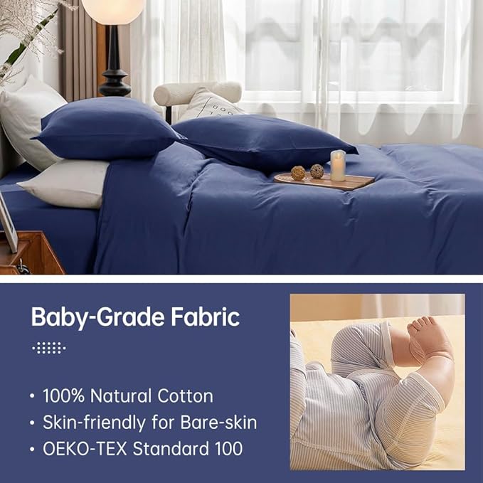 JELLYMONI Cotton Duvet Cover Full Size - 100% Washed Cotton Linen Like Textured Comforter Cover, 3 Pieces Breathable Soft Bedding Set with Zipper Closure (Navy Blue, Full 80"x90")