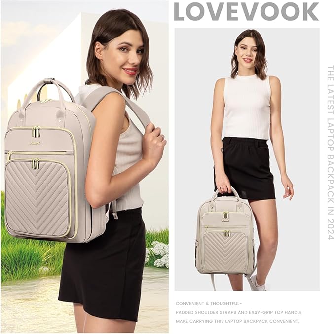 LOVEVOOK Laptop Backpack for Women, Water Resistant Travel Work Backpacks Purse Stylish Business Teacher Nurse Computer Bag with USB Charging Port,Antiquewhite