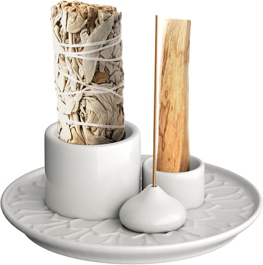Palo Santo Holder - 4 in 1 Incense & Candle Holder - Ceramic Incense Holder Ash Catcher Tray for Meditation Room - Easy to Clean (White)