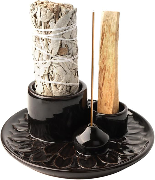 Palo Santo Holder - 4 in 1 Incense & Candle Holder - Ceramic Incense Holder Ash Catcher Tray for Meditation Room - Easy to Clean