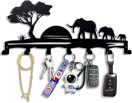 Elephant Family Metal Key Hook Rack - African Savannah Sunset Wall Decor - Practical and Artistic Key Organizer, Hallway, Kitchen, Office