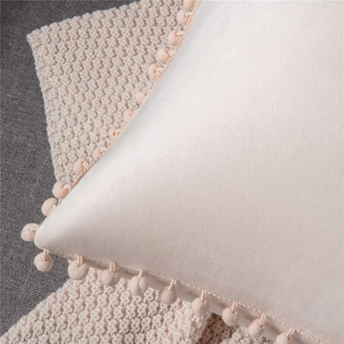 DEZENE Couch Pillow Covers 24x24 Cream: 2 Pack Cozy Soft Pom-poms Velvet Square Throw Pillow Cases for Farmhouse Home Decor