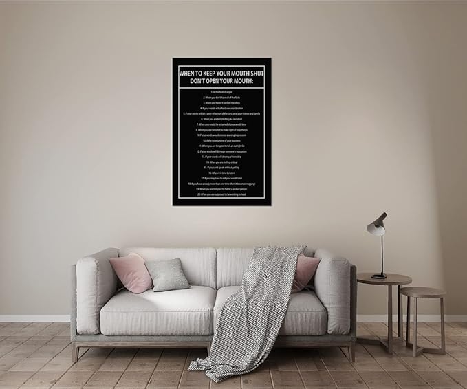 Inspirational Canvas Wall Art When to Keep Your Mouth Shut Don't Open Your Mouth Life Motivational Poster Life Learning Quote Picture Home Office Decor Painting Framed and Stretched[24''W x 36''H]